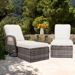 5-Piece White Patio Wicker Bistro Outdoor Conversation Set With Swivel Rocking Chairs, Side Table And 2 Ottomans 15 5-Piece White Patio Wicker Bistro Outdoor Conversation Set With Swivel Rocking Chairs, Side Table And 2 Ottomans -More Furniture Store jearey chat sets xes 5 white 31 1000