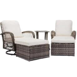 5-Piece White Patio Wicker Bistro Outdoor Conversation Set With Swivel Rocking Chairs, Side Table And 2 Ottomans 10 5-Piece White Patio Wicker Bistro Outdoor Conversation Set With Swivel Rocking Chairs, Side Table And 2 Ottomans -More Furniture Store jearey chat sets xes 5 white 40 1000