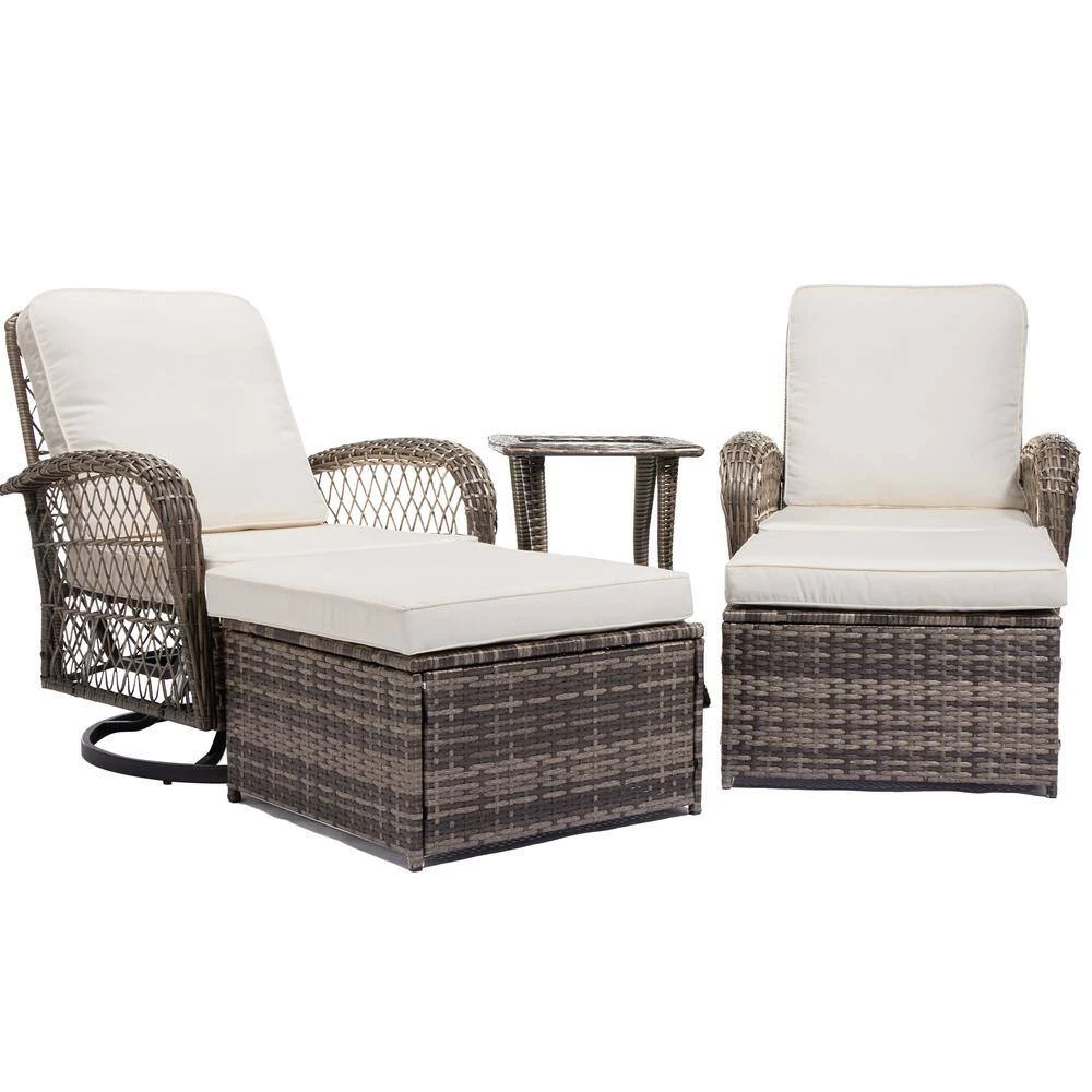 5-Piece White Patio Wicker Bistro Outdoor Conversation Set With Swivel Rocking Chairs, Side Table And 2 Ottomans 3 5-Piece White Patio Wicker Bistro Outdoor Conversation Set With Swivel Rocking Chairs, Side Table And 2 Ottomans - Image 3