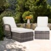 5-Piece White Patio Wicker Bistro Outdoor Conversation Set With Swivel Rocking Chairs, Side Table And 2 Ottomans