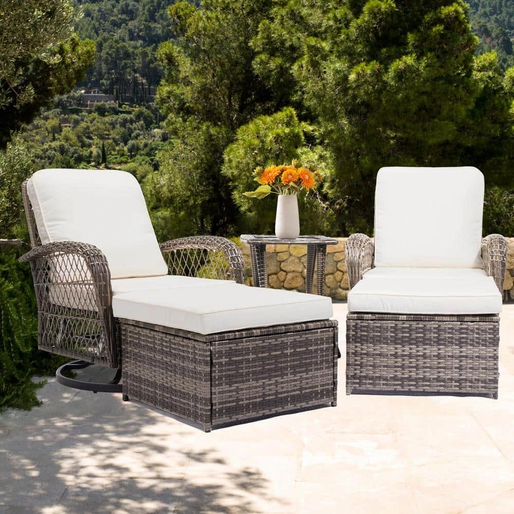 5-Piece White Patio Wicker Bistro Outdoor Conversation Set With Swivel Rocking Chairs, Side Table And 2 Ottomans 1 5-Piece White Patio Wicker Bistro Outdoor Conversation Set With Swivel Rocking Chairs, Side Table And 2 Ottomans
