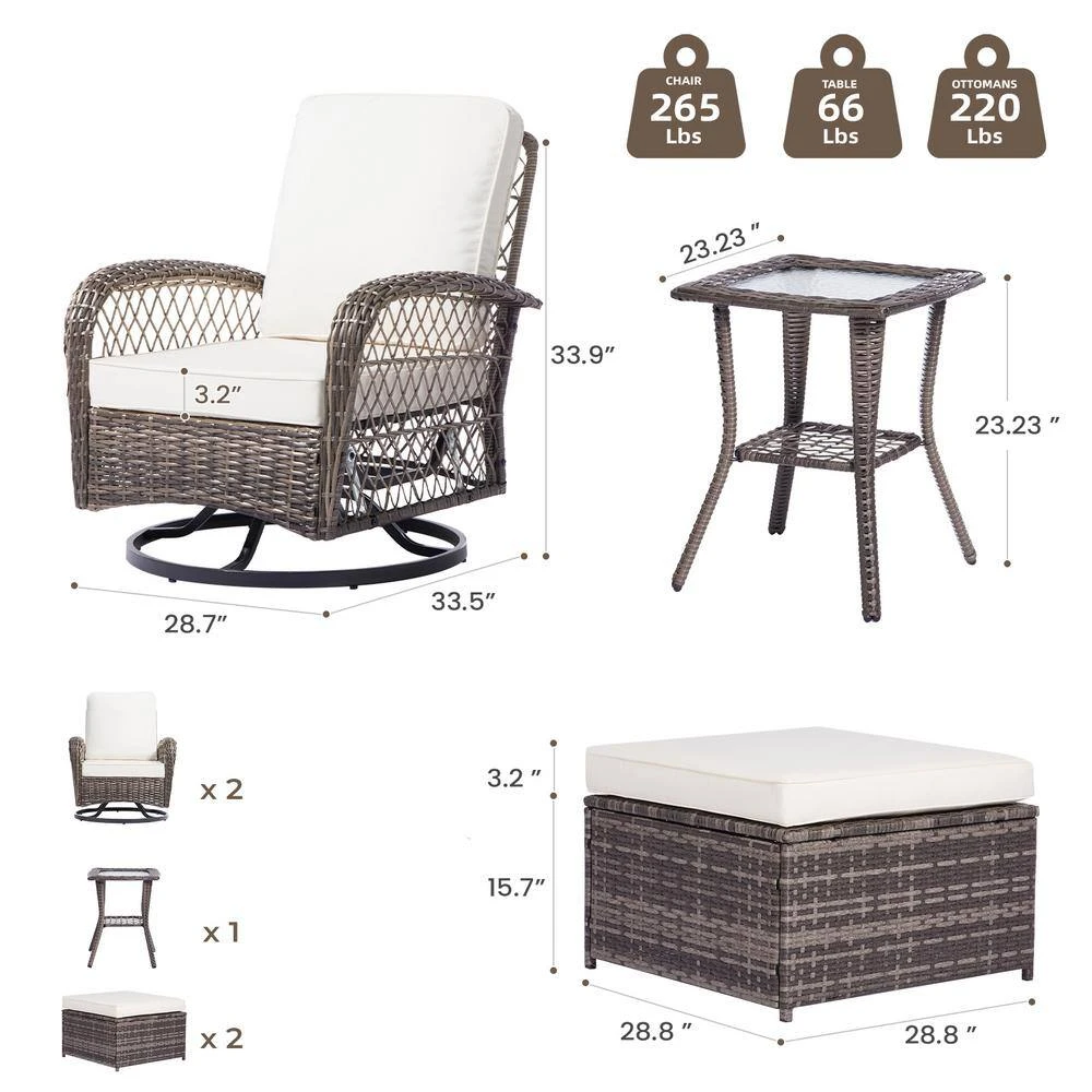 5-Piece White Patio Wicker Bistro Outdoor Conversation Set With Swivel Rocking Chairs, Side Table And 2 Ottomans 2 5-Piece White Patio Wicker Bistro Outdoor Conversation Set With Swivel Rocking Chairs, Side Table And 2 Ottomans - Image 2