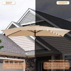 6.5 X 10 Ft. Market Solar LED Lighted Tilt Patio Umbrella Rectangular Outdoor Umbrella In Beige -More Furniture Store jearey market umbrellas 6 5x10zzs dz be a0 1000