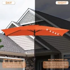 6.5 X 10 Ft. Market Solar LED Lighted Tilt Patio Umbrella Rectangular Outdoor Umbrella In Pumpkin -More Furniture Store jearey market umbrellas 6 5x10zzs dz or a0 1000