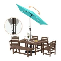 6.5 X 10 Ft. Market Solar LED Lighted Tilt Patio Umbrella Rectangular Outdoor Umbrella In Peacock Blue -More Furniture Store jearey market umbrellas 6 5x10zzs dz pb 77 1000