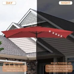 6.5 X 10 Ft. Market Solar LED Lighted Tilt Patio Umbrella Rectangular Outdoor Umbrella In Red -More Furniture Store jearey market umbrellas 6 5x10zzs dz rd a0 1000