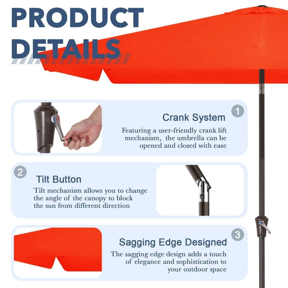 6.5 Ft. X 10 Ft. Rectangular Steel Market Crank And Tilt Outdoor Patio Umbrella In Pumpkin 5 6.5 Ft. X 10 Ft. Rectangular Steel Market Crank And Tilt Outdoor Patio Umbrella In Pumpkin - Image 5