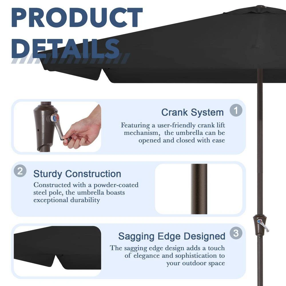 8 Ft X 10 Ft. Rectangular Steel Market Crank And Tilt Outdoor Patio Umbrella In Black 5 8 Ft X 10 Ft. Rectangular Steel Market Crank And Tilt Outdoor Patio Umbrella In Black - Image 5