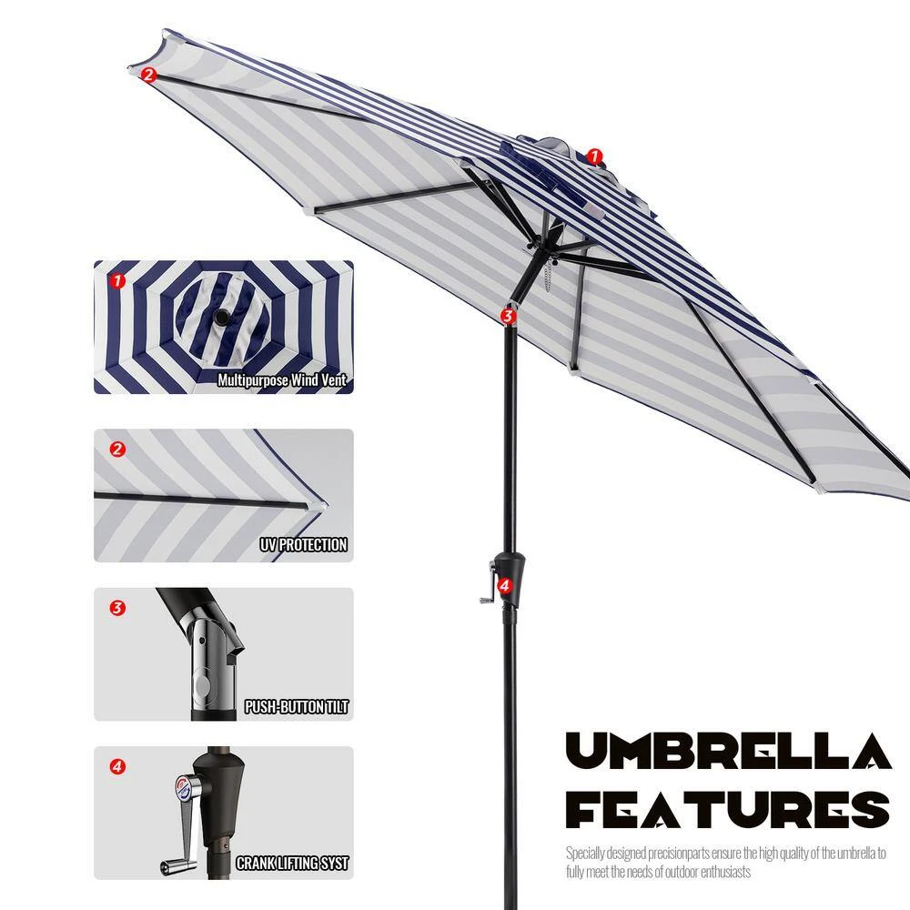 10 Ft. Market Patio Umbrella With Push Button Tilt And Crank In Blue And White Stripes 3 10 Ft. Market Patio Umbrella With Push Button Tilt And Crank In Blue And White Stripes - Image 3