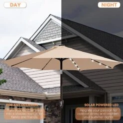 10 Ft. Market Solar LED Lighted Tilt Patio Umbrella Outdoor Steel Umbrella In Beige -More Furniture Store jearey market umbrellas dzzzs 10 bg a0 1000