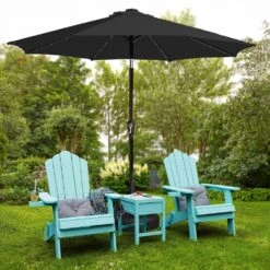 10 Ft. Market Solar LED Lighted Tilt Patio Umbrella Outdoor Steel Umbrella In Black -More Furniture Store jearey market umbrellas dzzzs 10 bk 77 1000