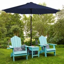 10 Ft. Market Solar LED Lighted Tilt Patio Umbrella Outdoor Steel Umbrella In Navy -More Furniture Store jearey market umbrellas dzzzs 10 nv 77 1000