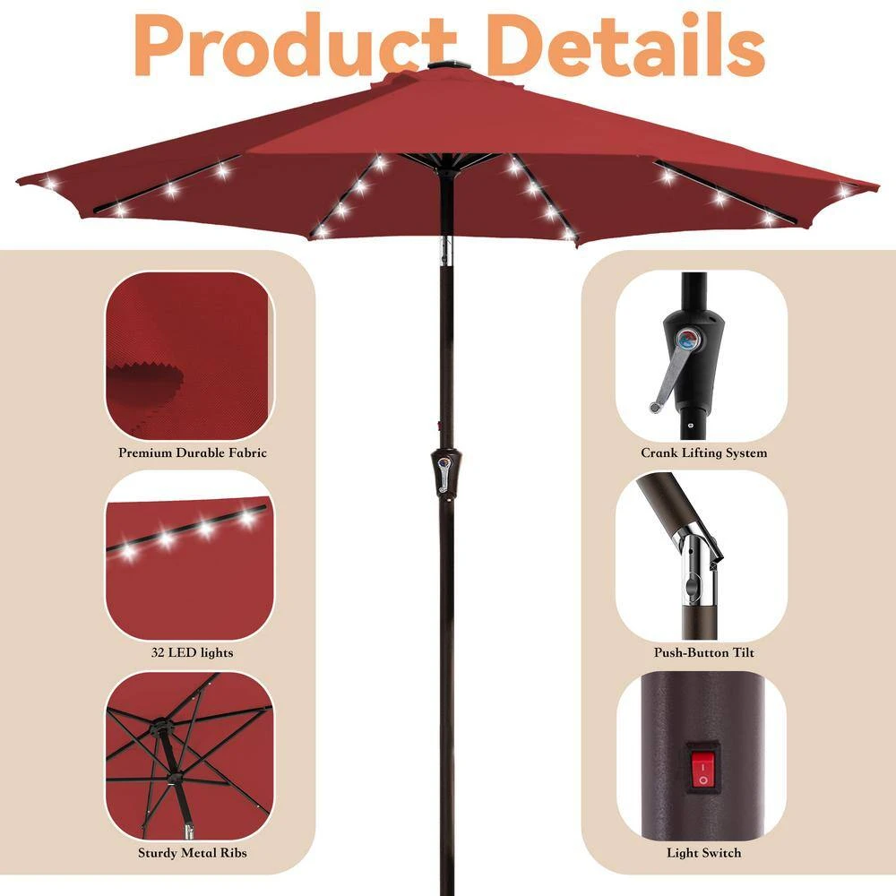 10 Ft. Market Solar LED Lighted Tilt Patio Umbrella Outdoor Steel Umbrella In Red 5 10 Ft. Market Solar LED Lighted Tilt Patio Umbrella Outdoor Steel Umbrella In Red - Image 5