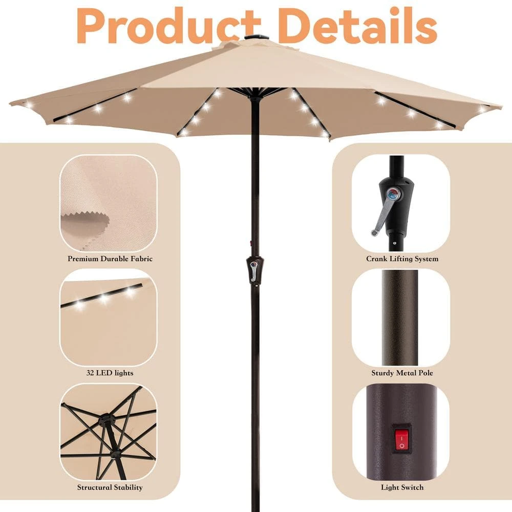 11 Ft. Market Solar LED Lighted Patio Umbrella Outdoor Steel Umbrella In Beige 5 11 Ft. Market Solar LED Lighted Patio Umbrella Outdoor Steel Umbrella In Beige - Image 5