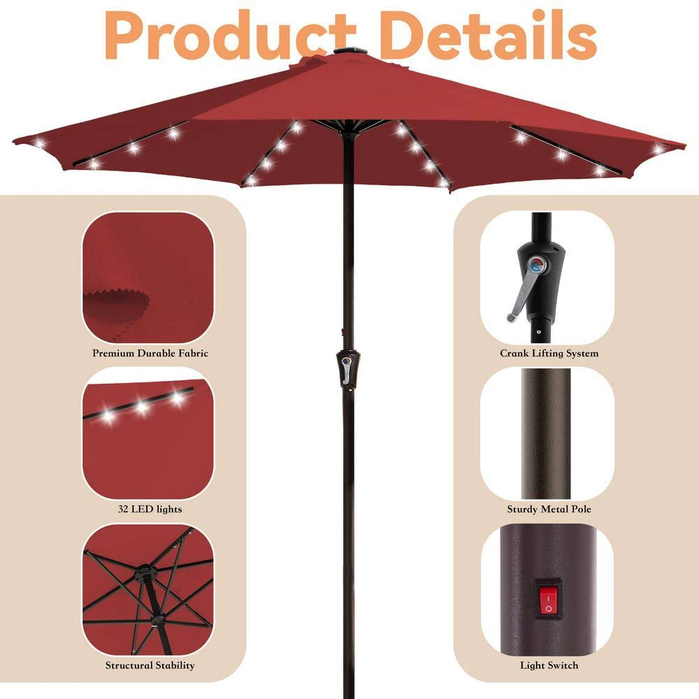 11 Ft. Market Solar LED Lighted Patio Umbrella Outdoor Steel Umbrella In Red 5 11 Ft. Market Solar LED Lighted Patio Umbrella Outdoor Steel Umbrella In Red - Image 5