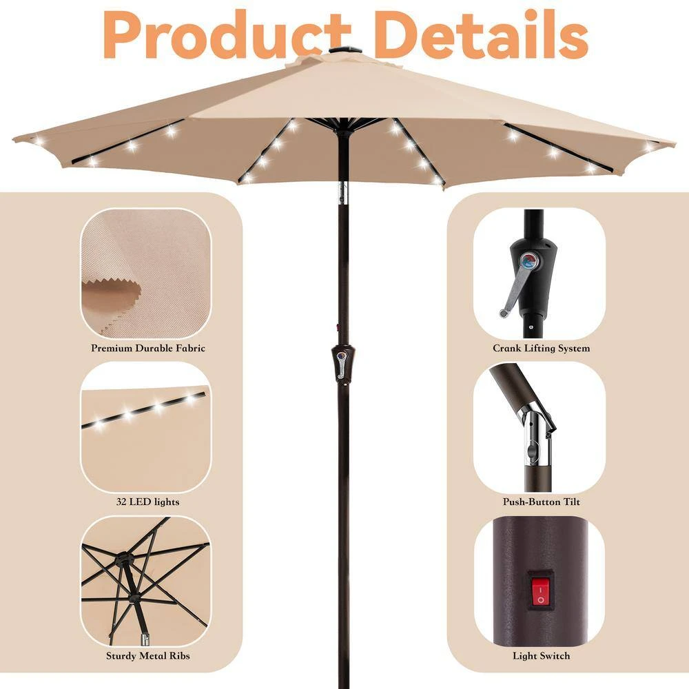 9 Ft. Market Solar LED Lighted Tilt Patio Umbrella Outdoor Steel Umbrella In Beige 6 9 Ft. Market Solar LED Lighted Tilt Patio Umbrella Outdoor Steel Umbrella In Beige - Image 6