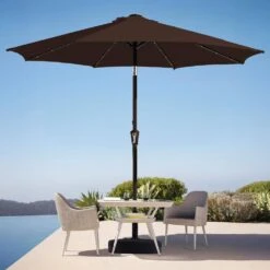 9 Ft. Market Solar LED Lighted Tilt Patio Umbrella Outdoor Steel Umbrella In Brown -More Furniture Store jearey market umbrellas dzzzs 9 bn 40 1000