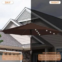9 Ft. Market Solar LED Lighted Tilt Patio Umbrella Outdoor Steel Umbrella In Brown -More Furniture Store jearey market umbrellas dzzzs 9 bn a0 1000