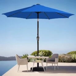 9 Ft. Market Solar LED Lighted Tilt Patio Umbrella Outdoor Steel Umbrella In Blue -More Furniture Store jearey market umbrellas dzzzs 9 bu 40 1000