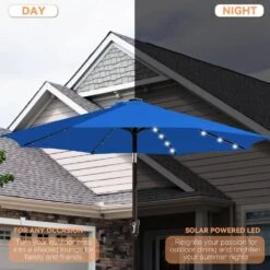 9 Ft. Market Solar LED Lighted Tilt Patio Umbrella Outdoor Steel Umbrella In Blue -More Furniture Store jearey market umbrellas dzzzs 9 bu a0 1000