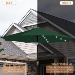 9 Ft. Market Solar LED Lighted Tilt Patio Umbrella Outdoor Steel Umbrella In Dark Green -More Furniture Store jearey market umbrellas dzzzs 9 dgn 77 1000