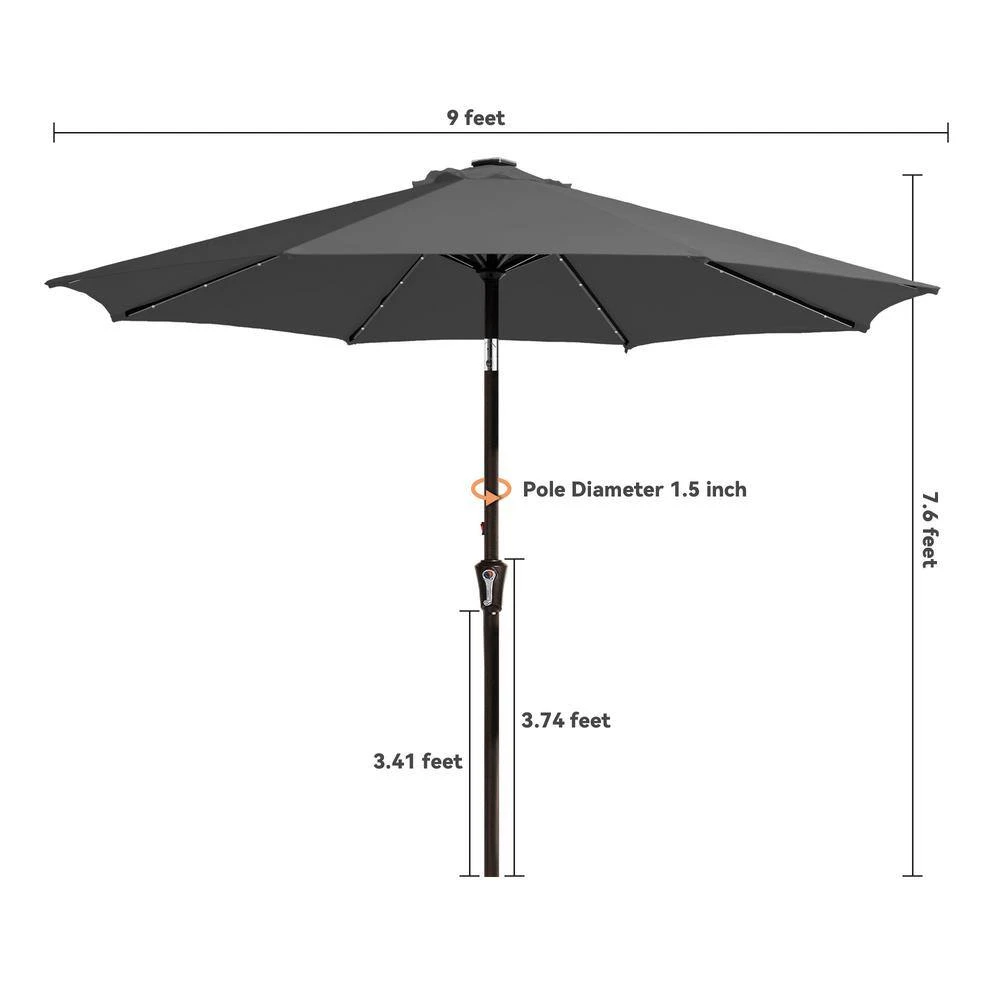 9 Ft. Market Solar LED Lighted Tilt Patio Umbrella Outdoor Steel Umbrella In Gray 8 9 Ft. Market Solar LED Lighted Tilt Patio Umbrella Outdoor Steel Umbrella In Gray - Image 8