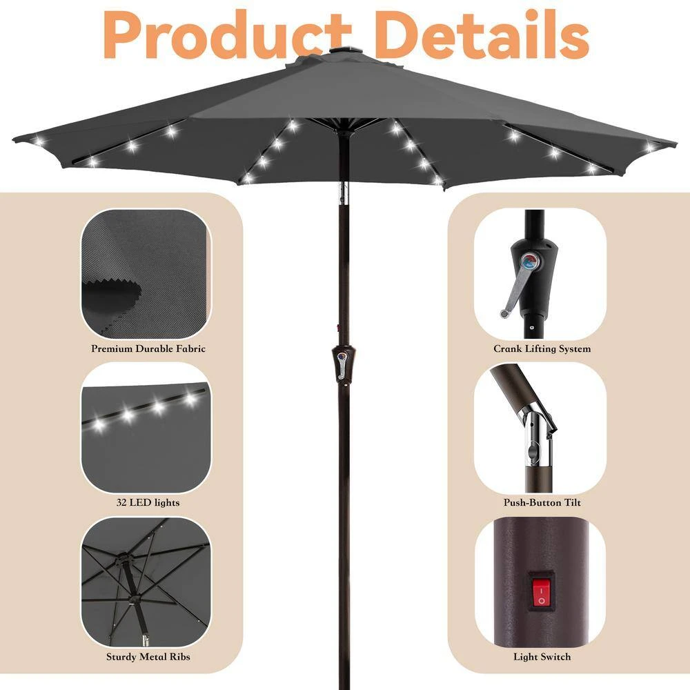 9 Ft. Market Solar LED Lighted Tilt Patio Umbrella Outdoor Steel Umbrella In Gray 6 9 Ft. Market Solar LED Lighted Tilt Patio Umbrella Outdoor Steel Umbrella In Gray - Image 6