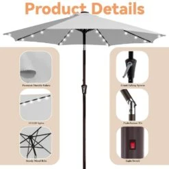 9 Ft. Market Solar LED Lighted Tilt Patio Umbrella Outdoor Steel Umbrella In Light Gray -More Furniture Store jearey market umbrellas dzzzs 9 lgy 4f 1000