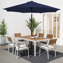 9 Ft. Market Solar LED Lighted Tilt Patio Umbrella Outdoor Steel Umbrella In Navy