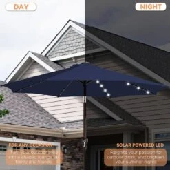 9 Ft. Market Solar LED Lighted Tilt Patio Umbrella Outdoor Steel Umbrella In Navy -More Furniture Store jearey market umbrellas dzzzs 9 nv a0 1000
