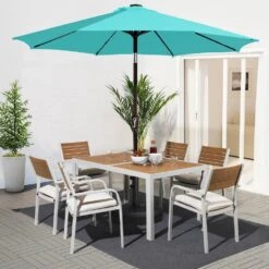 9 Ft. Market Solar LED Lighted Tilt Patio Umbrella Outdoor Steel Umbrella In Peacock Blue