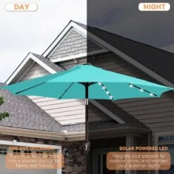 9 Ft. Market Solar LED Lighted Tilt Patio Umbrella Outdoor Steel Umbrella In Peacock Blue -More Furniture Store jearey market umbrellas dzzzs 9 pb 77 1000