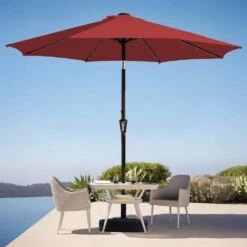 9 Ft. Market Solar LED Lighted Tilt Patio Umbrella Outdoor Steel Umbrella In Red -More Furniture Store jearey market umbrellas dzzzs 9 rd 40 1000