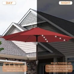 9 Ft. Market Solar LED Lighted Tilt Patio Umbrella Outdoor Steel Umbrella In Red -More Furniture Store jearey market umbrellas dzzzs 9 rd a0 1000