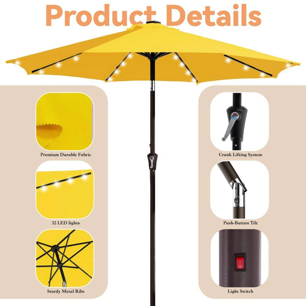 9 Ft. Market Solar LED Lighted Tilt Patio Umbrella Outdoor Steel Umbrella In Yellow 6 9 Ft. Market Solar LED Lighted Tilt Patio Umbrella Outdoor Steel Umbrella In Yellow - Image 6