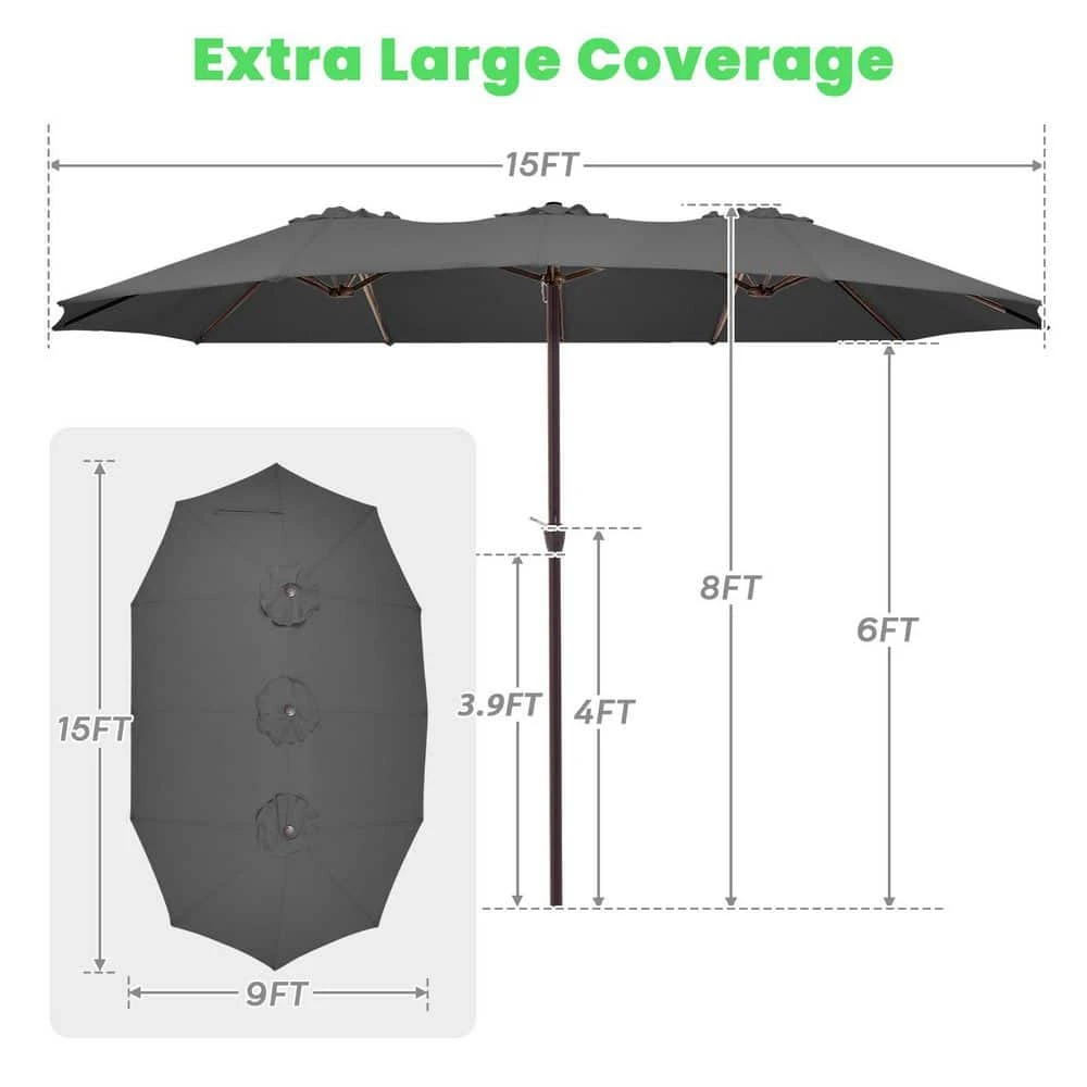 15 Ft. X 9 Ft. Large Market Patio Umbrella Steel Double-Side Outdoor Umbrella In Gray 6 15 Ft. X 9 Ft. Large Market Patio Umbrella Steel Double-Side Outdoor Umbrella In Gray - Image 6