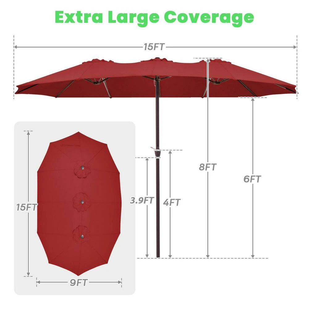 15 Ft. X 9 Ft. Large Market Patio Umbrella Steel Double-Side Outdoor Umbrella In Red 6 15 Ft. X 9 Ft. Large Market Patio Umbrella Steel Double-Side Outdoor Umbrella In Red - Image 6