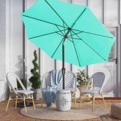 9 Ft. Outdoor Market Patio Umbrella With Hand Crank Lift In Peacock Blue