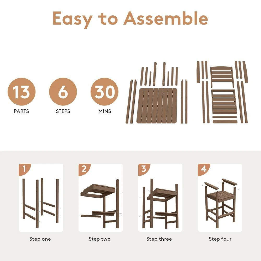 3-Pieces HDPE Plastic Square 46 In. Outdoor Bar Set In Brown 4 3-Pieces HDPE Plastic Square 46 In. Outdoor Bar Set In Brown - Image 4