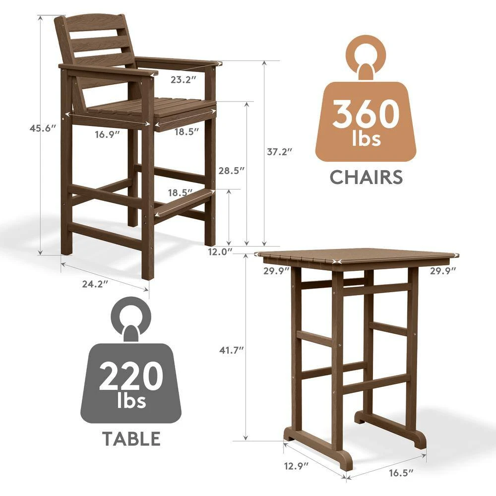 3-Pieces HDPE Plastic Square 46 In. Outdoor Bar Set In Brown 3 3-Pieces HDPE Plastic Square 46 In. Outdoor Bar Set In Brown - Image 3