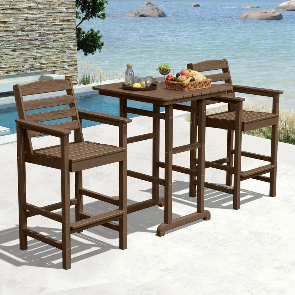 3-Pieces HDPE Plastic Square 46 In. Outdoor Bar Set In Brown 1 3-Pieces HDPE Plastic Square 46 In. Outdoor Bar Set In Brown