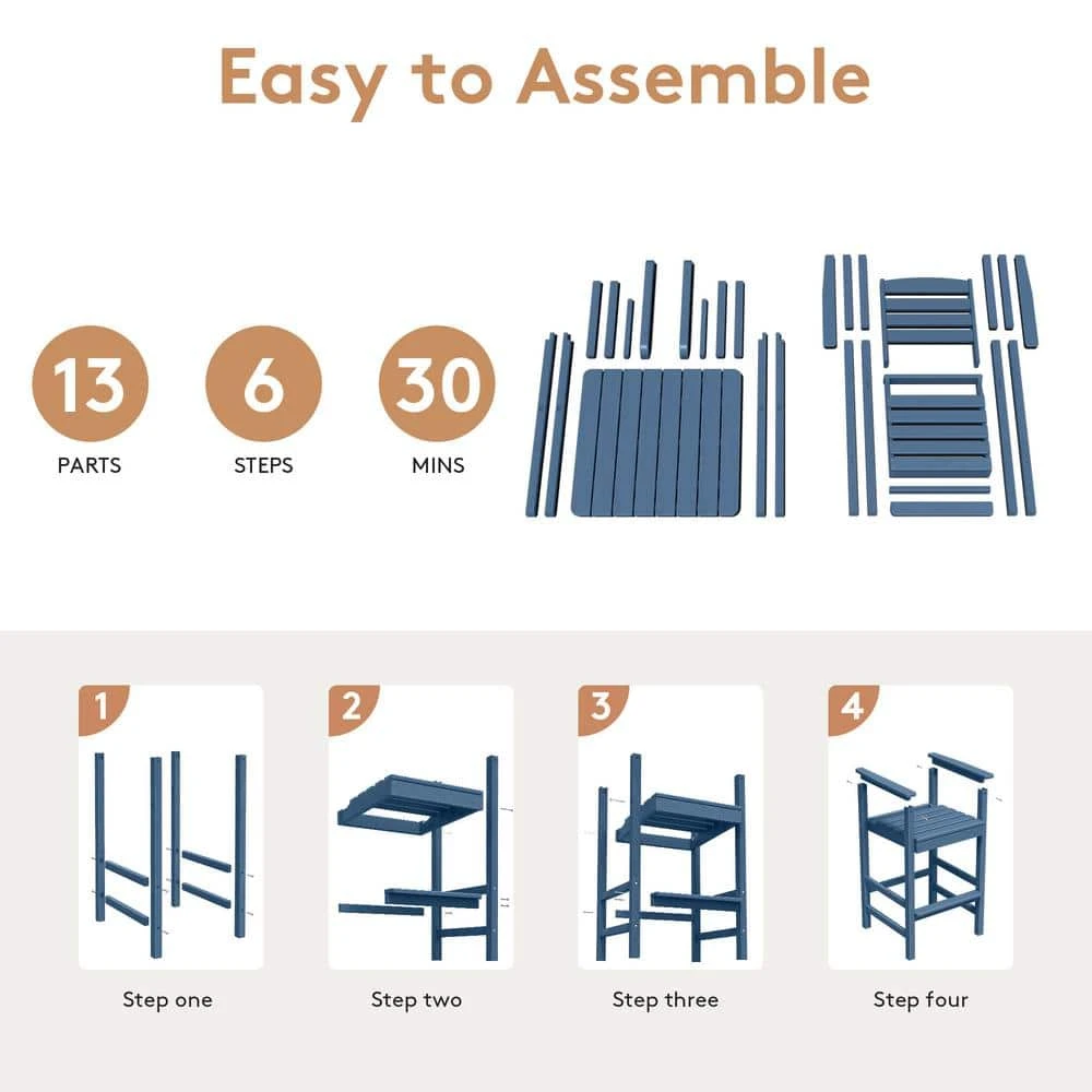 3-Pieces HDPE Plastic Square 46 In. Outdoor Bar Set In Navy 4 3-Pieces HDPE Plastic Square 46 In. Outdoor Bar Set In Navy - Image 4