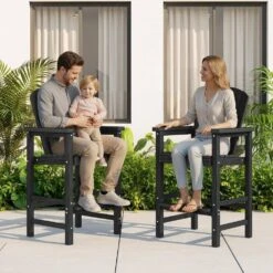 Black HDPE Outdoor Weather-Resistant Bistro Set Bar Stool With Double-Layer Tray And Umbrella Hole (2-Pack) -More Furniture Store jearey outdoor bar stools scltqwgby bk 31 1000