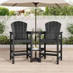Black HDPE Outdoor Weather-Resistant Bistro Set Bar Stool With Double-Layer Tray And Umbrella Hole (2-Pack)