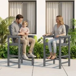 Gray HDPE Outdoor Weather-Resistant Bistro Set Bar Stool With Double-Layer Tray And Umbrella Hole (2-Pack) -More Furniture Store jearey outdoor bar stools scltqwgby gr 31 1000