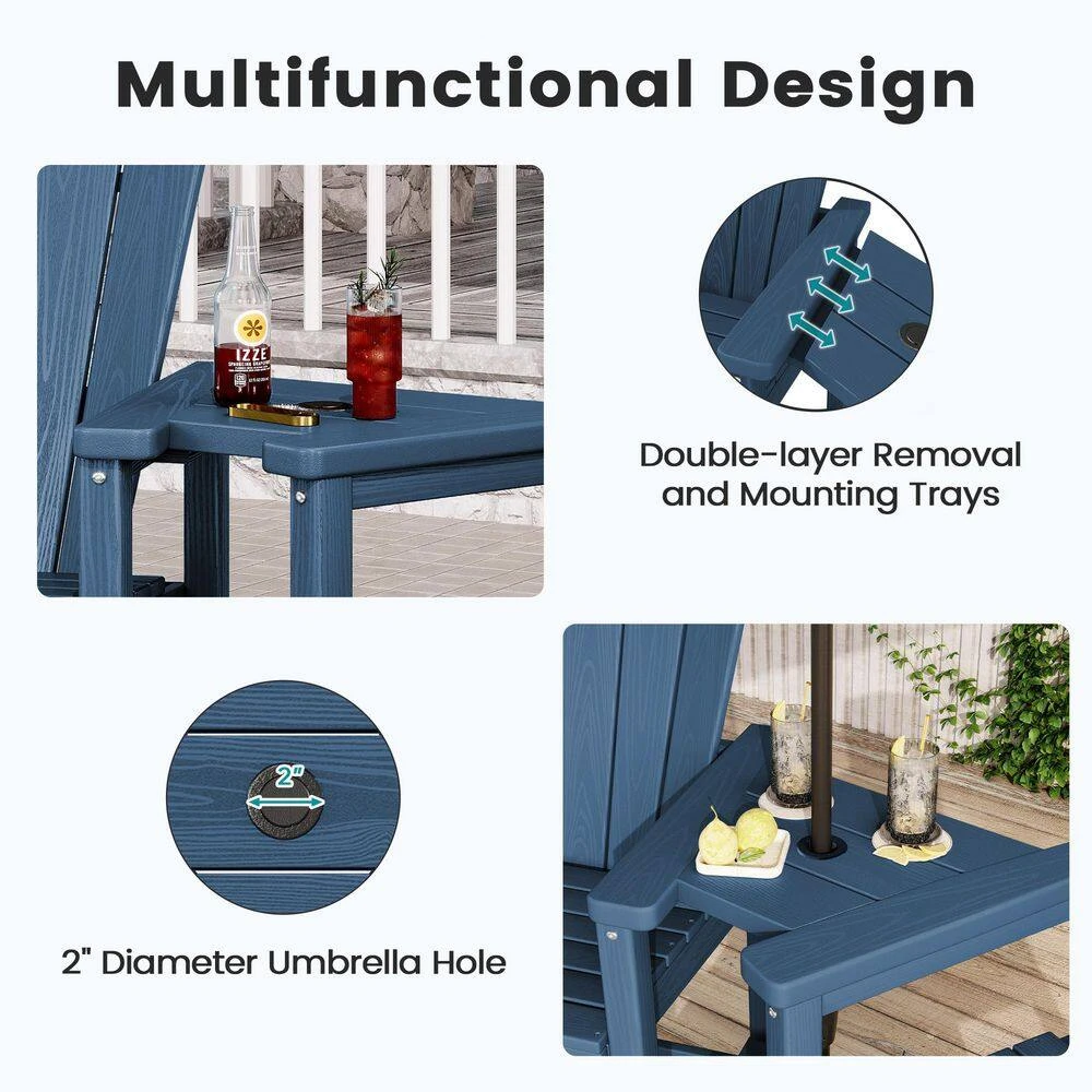 Navy Blue HDPE Outdoor Weather-Resistant Bistro Set Bar Stool With Double-Layer Tray And Umbrella Hole (2-Pack) 5 Navy Blue HDPE Outdoor Weather-Resistant Bistro Set Bar Stool With Double-Layer Tray And Umbrella Hole (2-Pack) - Image 5