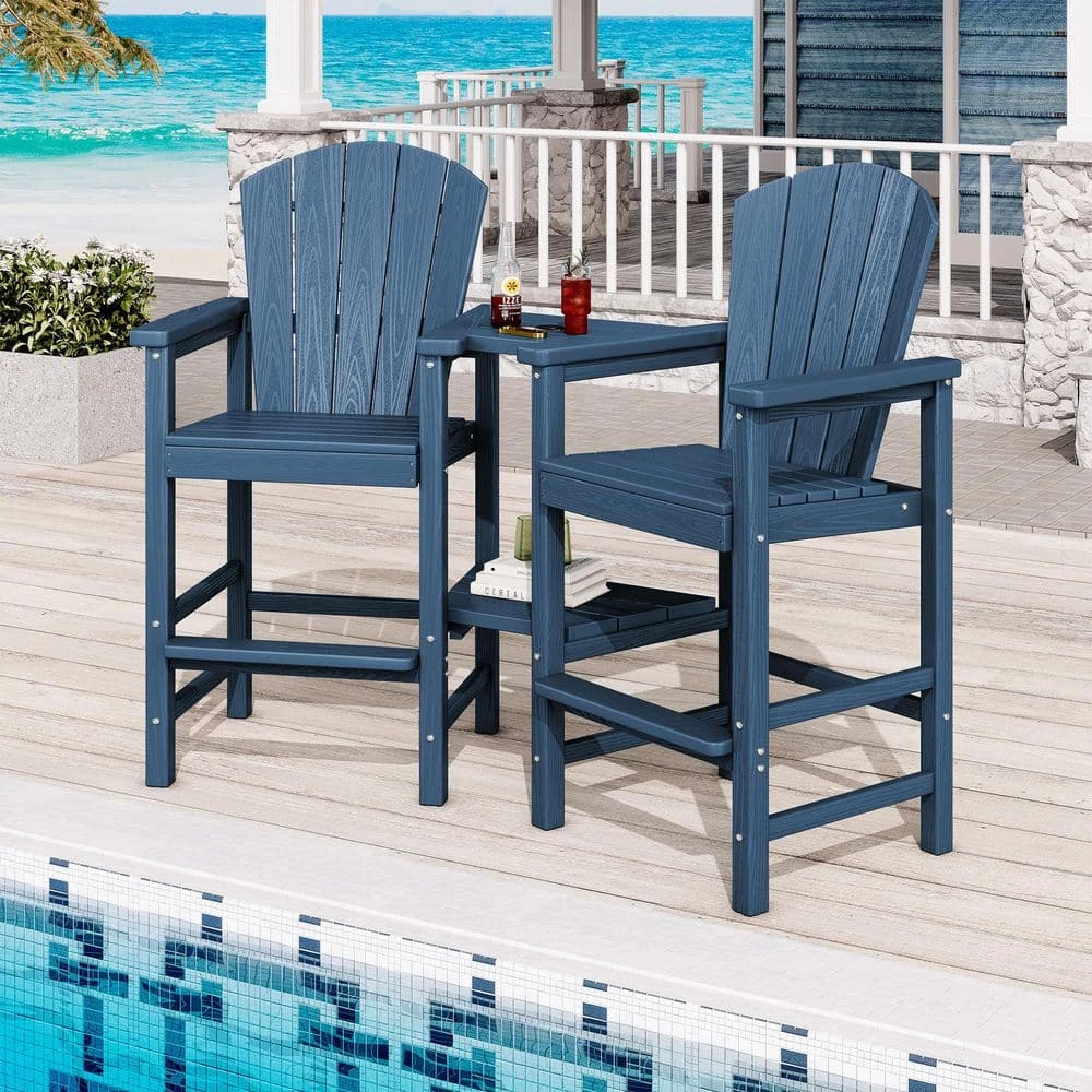 Navy Blue HDPE Outdoor Weather-Resistant Bistro Set Bar Stool With Double-Layer Tray And Umbrella Hole (2-Pack) 2 Navy Blue HDPE Outdoor Weather-Resistant Bistro Set Bar Stool With Double-Layer Tray And Umbrella Hole (2-Pack) - Image 2