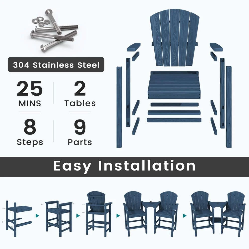 Navy Blue HDPE Outdoor Weather-Resistant Bistro Set Bar Stool With Double-Layer Tray And Umbrella Hole (2-Pack) 7 Navy Blue HDPE Outdoor Weather-Resistant Bistro Set Bar Stool With Double-Layer Tray And Umbrella Hole (2-Pack) - Image 7