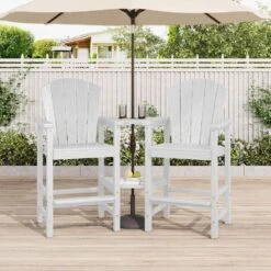 White HDPE Outdoor Weather-Resistant Bistro Set Bar Stool With Double-Layer Tray And Umbrella Hole (2-Pack)