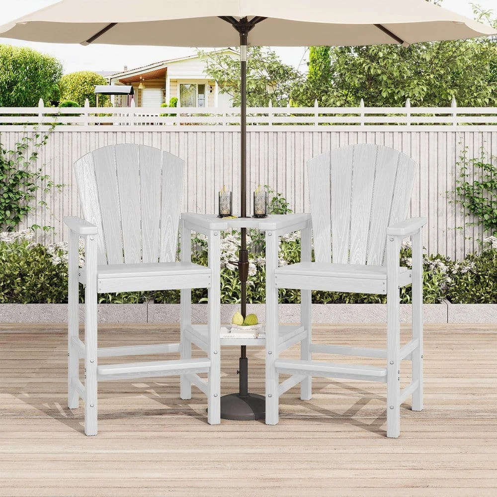 White HDPE Outdoor Weather-Resistant Bistro Set Bar Stool With Double-Layer Tray And Umbrella Hole (2-Pack) 1 White HDPE Outdoor Weather-Resistant Bistro Set Bar Stool With Double-Layer Tray And Umbrella Hole (2-Pack)